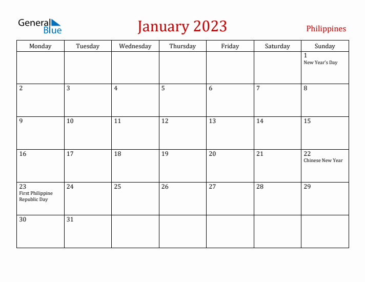 Philippines January 2023 Calendar - Monday Start