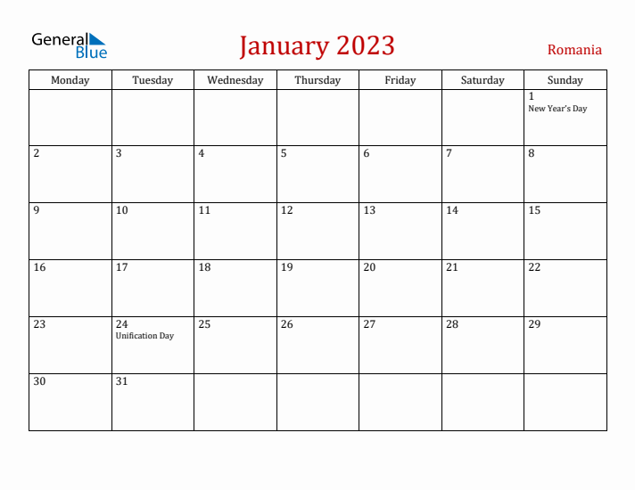 Romania January 2023 Calendar - Monday Start