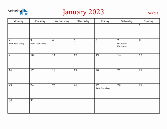 Serbia January 2023 Calendar - Monday Start