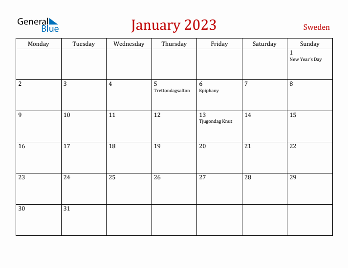Sweden January 2023 Calendar - Monday Start