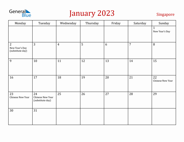 Singapore January 2023 Calendar - Monday Start