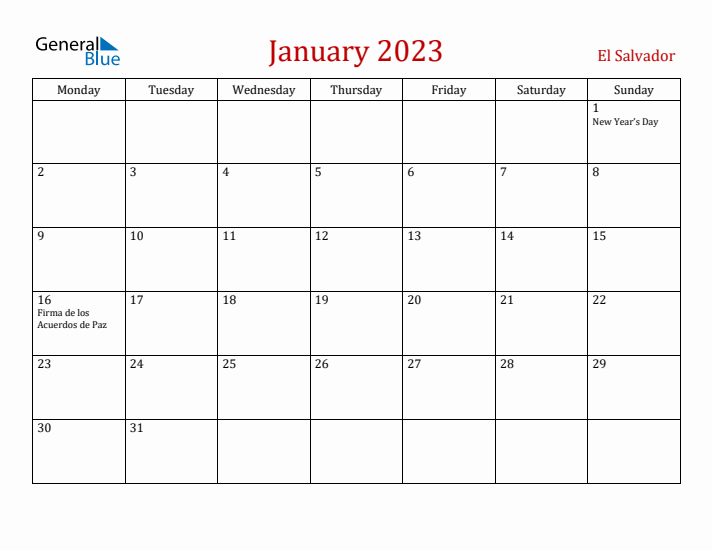 El Salvador January 2023 Calendar - Monday Start