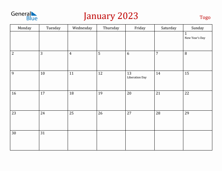 Togo January 2023 Calendar - Monday Start
