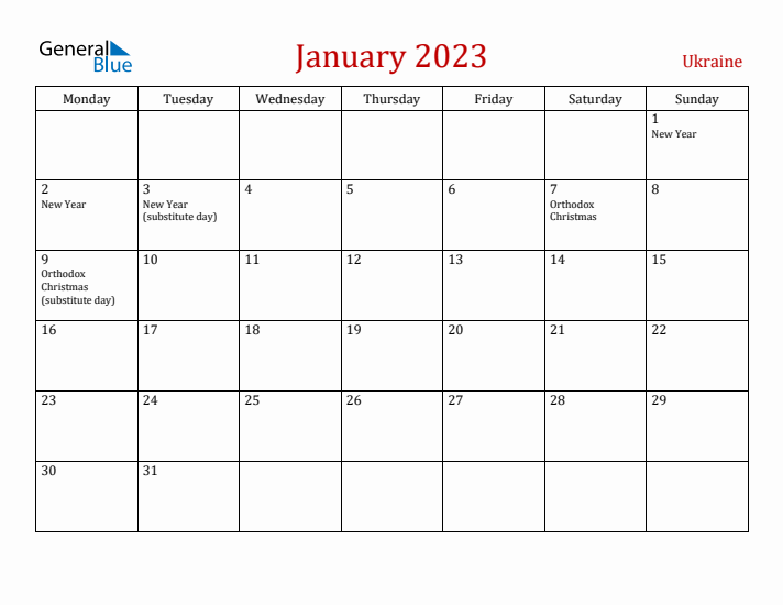 Ukraine January 2023 Calendar - Monday Start
