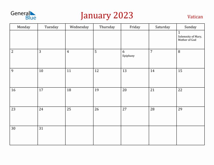 Vatican January 2023 Calendar - Monday Start