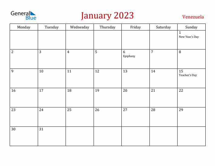 Venezuela January 2023 Calendar - Monday Start