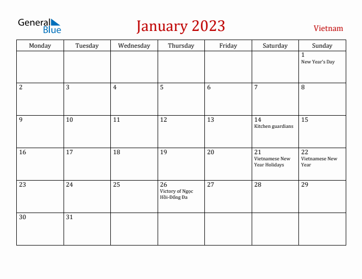 Vietnam January 2023 Calendar - Monday Start