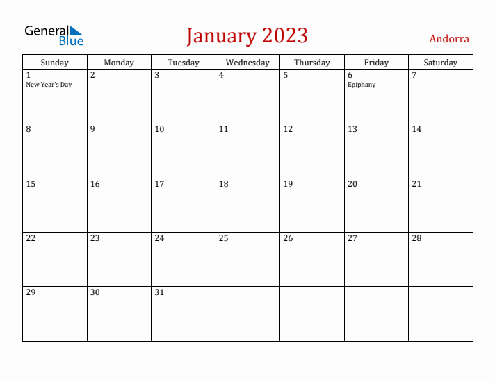 Andorra January 2023 Calendar - Sunday Start