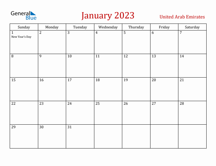 United Arab Emirates January 2023 Calendar - Sunday Start