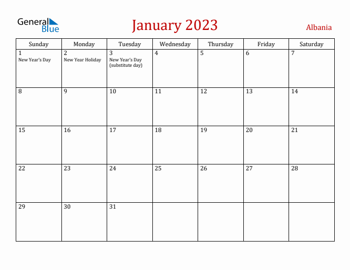 Albania January 2023 Calendar - Sunday Start