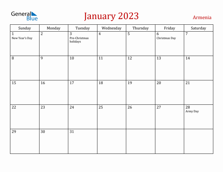 Armenia January 2023 Calendar - Sunday Start