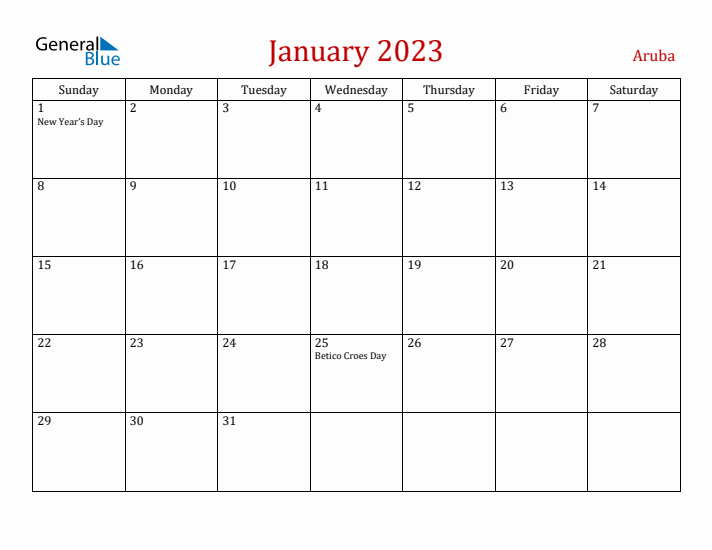 Aruba January 2023 Calendar - Sunday Start