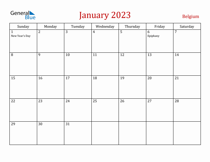 Belgium January 2023 Calendar - Sunday Start