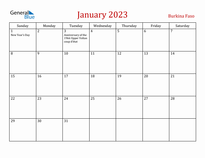 Burkina Faso January 2023 Calendar - Sunday Start