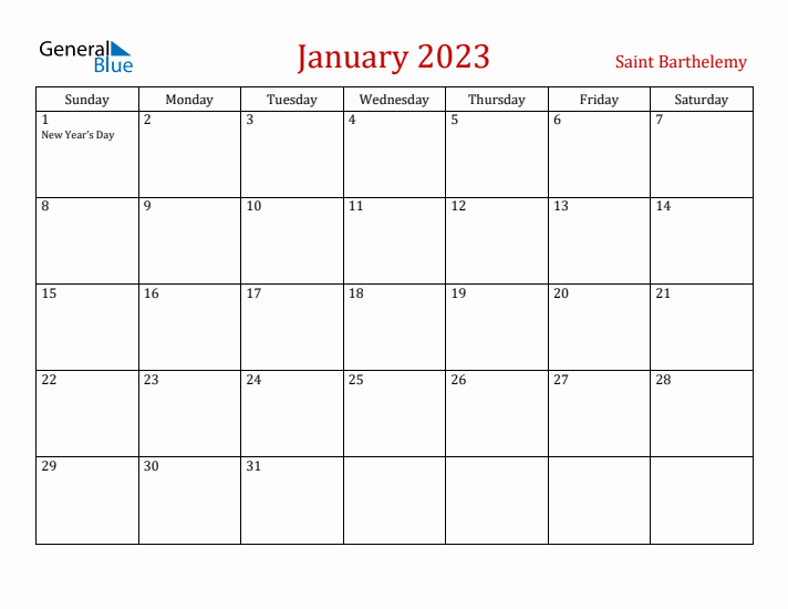 Saint Barthelemy January 2023 Calendar - Sunday Start