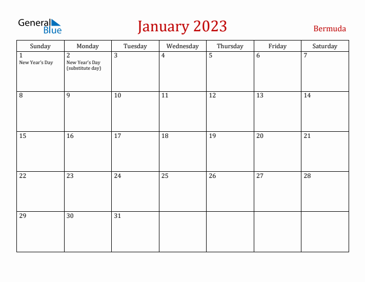 Bermuda January 2023 Calendar - Sunday Start