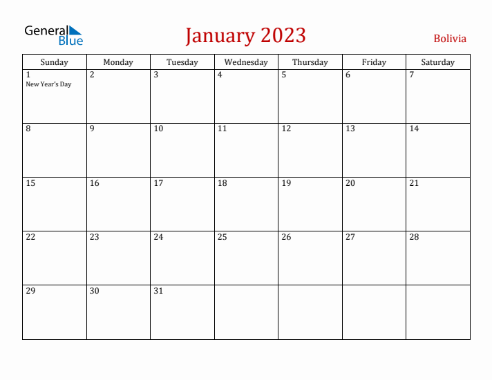 Bolivia January 2023 Calendar - Sunday Start