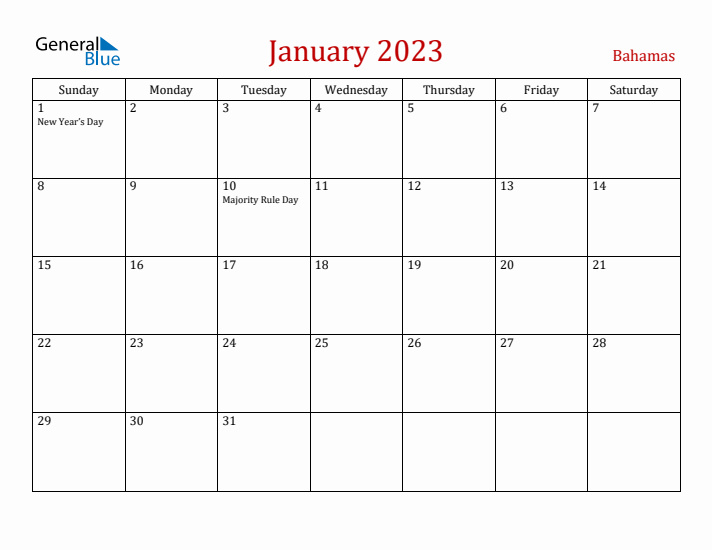 Bahamas January 2023 Calendar - Sunday Start