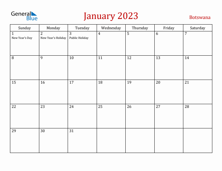 Botswana January 2023 Calendar - Sunday Start