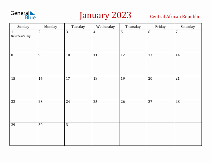 Central African Republic January 2023 Calendar - Sunday Start