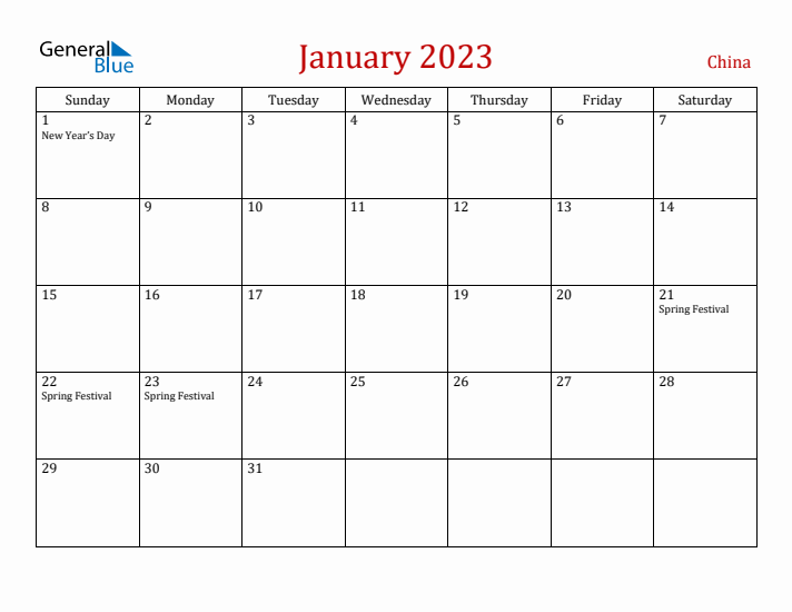 China January 2023 Calendar - Sunday Start