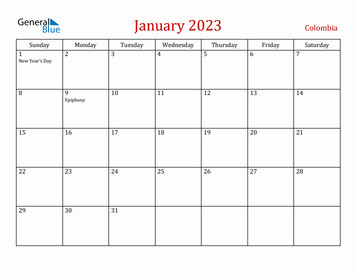 Colombia January 2023 Calendar - Sunday Start