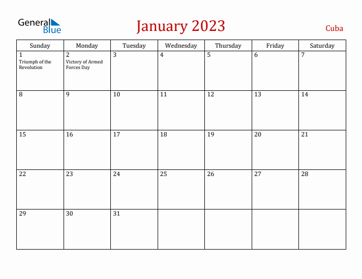 Cuba January 2023 Calendar - Sunday Start