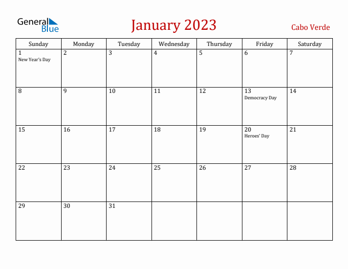 Cabo Verde January 2023 Calendar - Sunday Start
