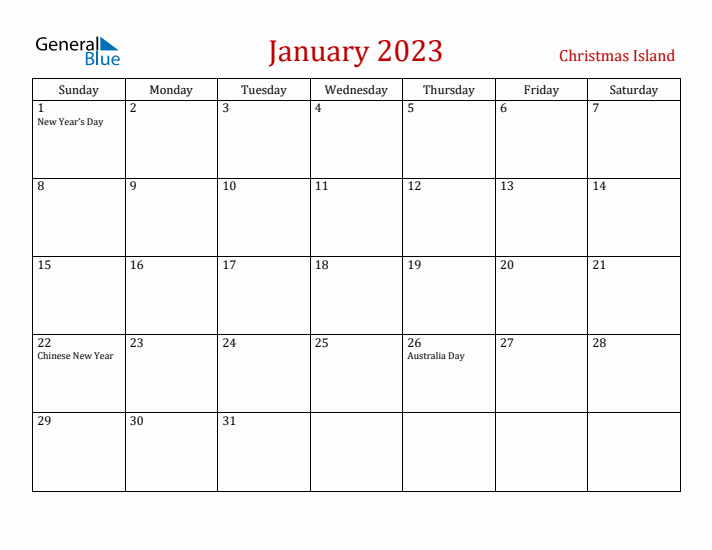 Christmas Island January 2023 Calendar - Sunday Start
