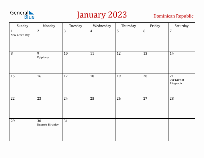 Dominican Republic January 2023 Calendar - Sunday Start