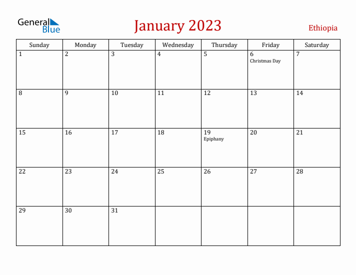 Ethiopia January 2023 Calendar - Sunday Start