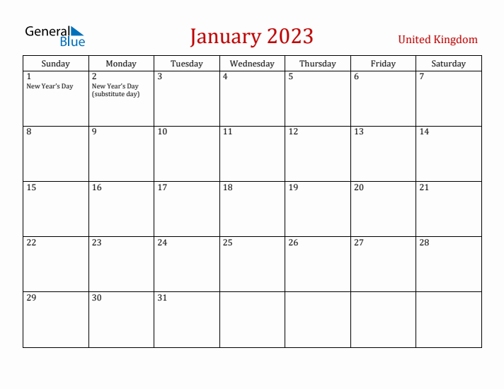 United Kingdom January 2023 Calendar - Sunday Start