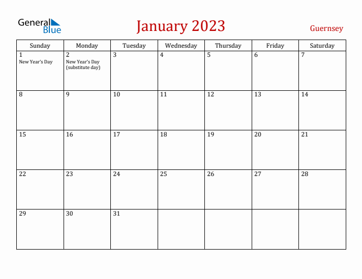 Guernsey January 2023 Calendar - Sunday Start