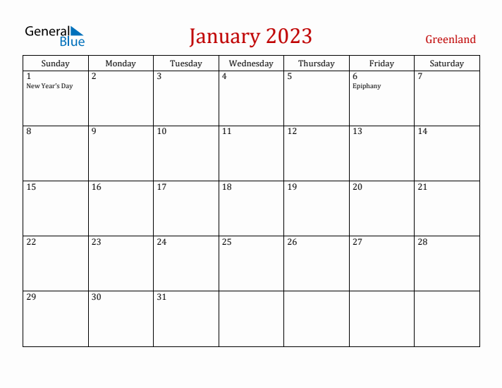 Greenland January 2023 Calendar - Sunday Start