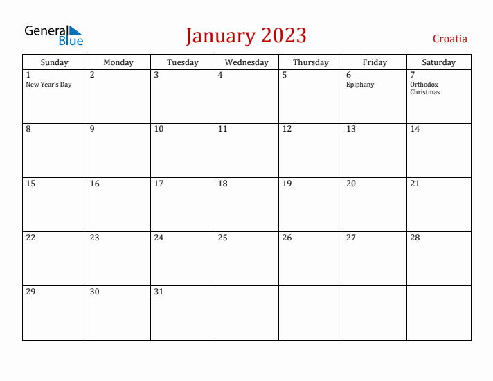 Croatia January 2023 Calendar - Sunday Start
