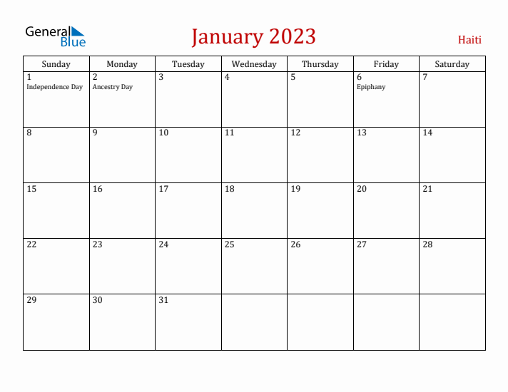 Haiti January 2023 Calendar - Sunday Start