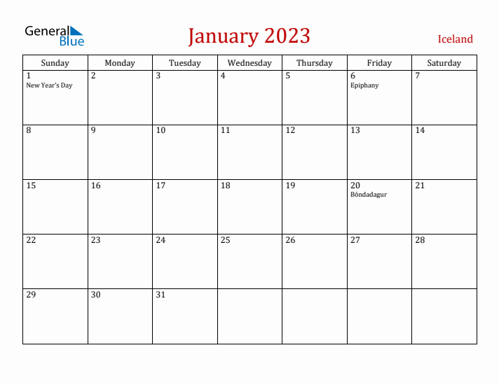 Iceland January 2023 Calendar - Sunday Start