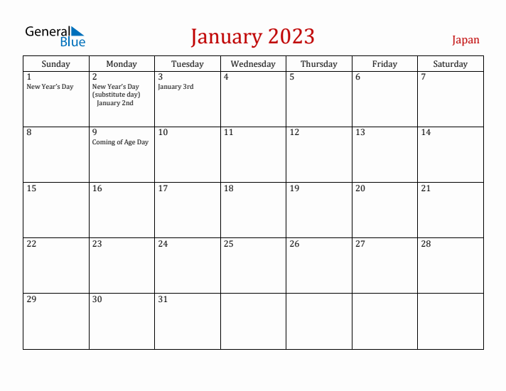 Japan January 2023 Calendar - Sunday Start