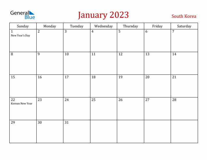 South Korea January 2023 Calendar - Sunday Start