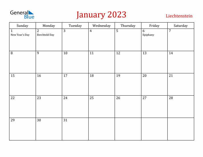 Liechtenstein January 2023 Calendar - Sunday Start