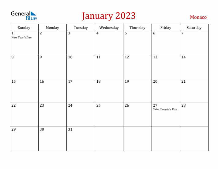 Monaco January 2023 Calendar - Sunday Start