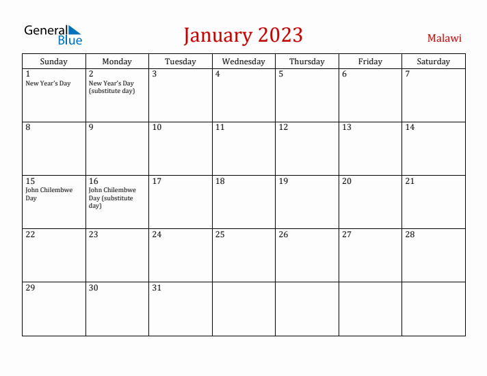 Malawi January 2023 Calendar - Sunday Start