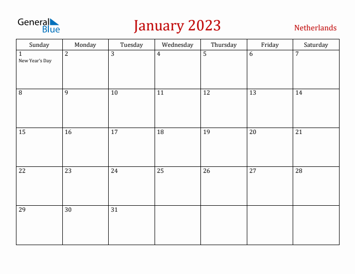 The Netherlands January 2023 Calendar - Sunday Start