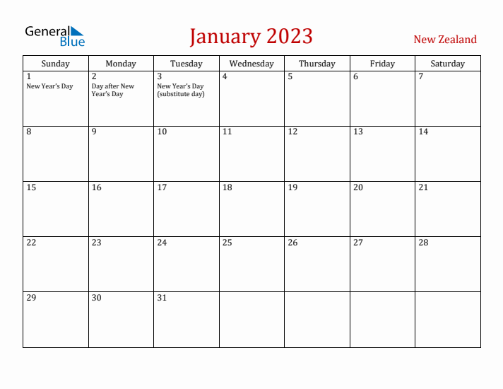 New Zealand January 2023 Calendar - Sunday Start