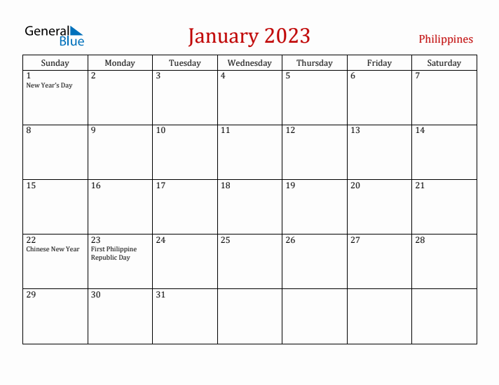 Philippines January 2023 Calendar - Sunday Start