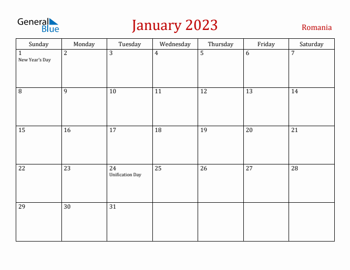 Romania January 2023 Calendar - Sunday Start