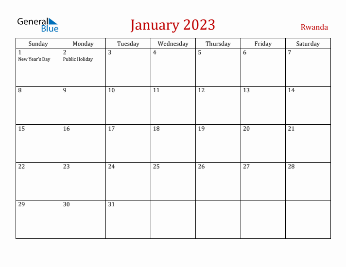 Rwanda January 2023 Calendar - Sunday Start