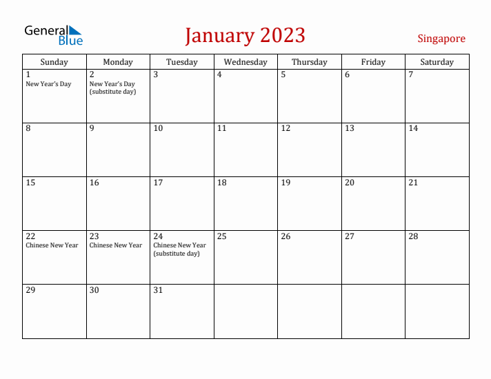 Singapore January 2023 Calendar - Sunday Start