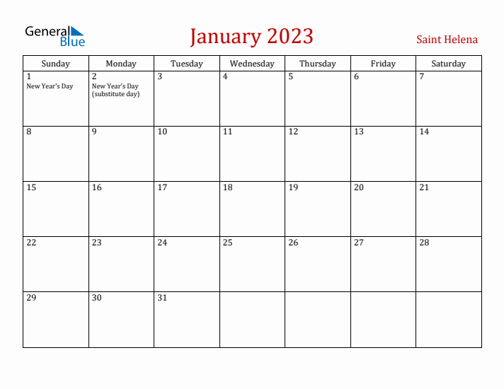 Saint Helena January 2023 Calendar - Sunday Start