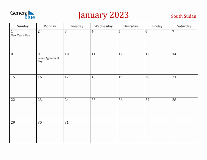 South Sudan January 2023 Calendar - Sunday Start